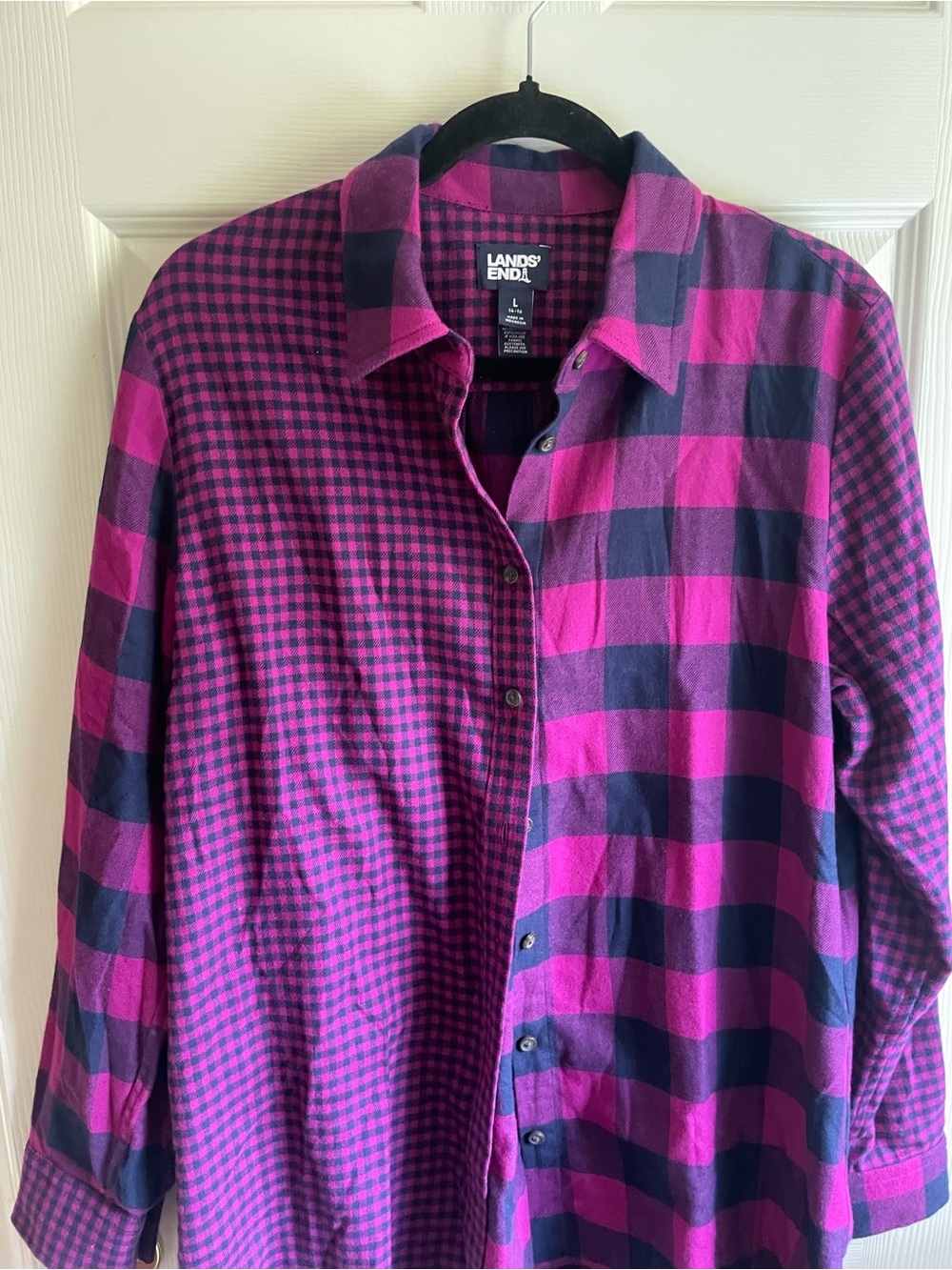 Lands' End Woman’s Purple & Navy Plaid Button-Up Shirt Size L